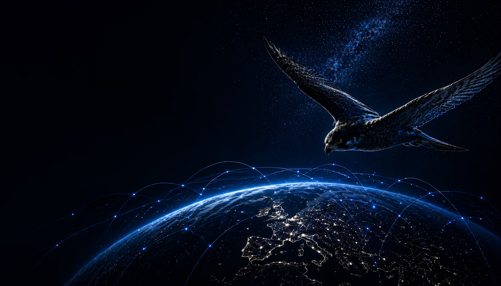 A peregrine falcon in flight above a networked Earth at night